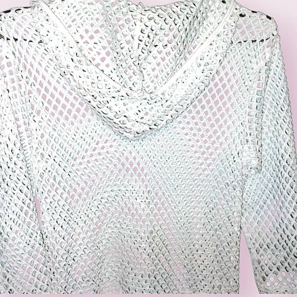 Alexa‎ & Stella Crochet Knit Coverup White Hoodie Pullover Mini Beachy Trendy - Picture 6 of 10